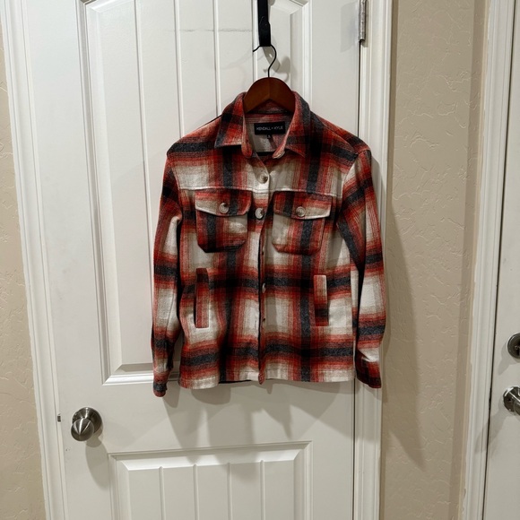 Kendall & Kylie Plaid Jean Jacket - Red, Black, and White - Picture 1 of 10